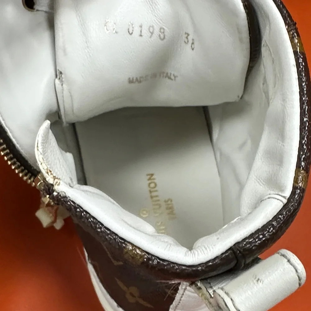 Authentic Louis Vuitton Brown Monogram High-Top Sneakers with White Laces - Picture 4 of 6